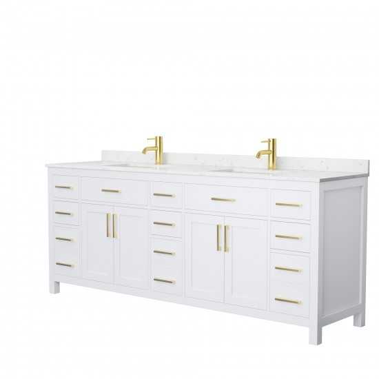 84 Inch Double Bathroom Vanity in White, Carrara Cultured Marble Countertop, Sinks, Gold Trim