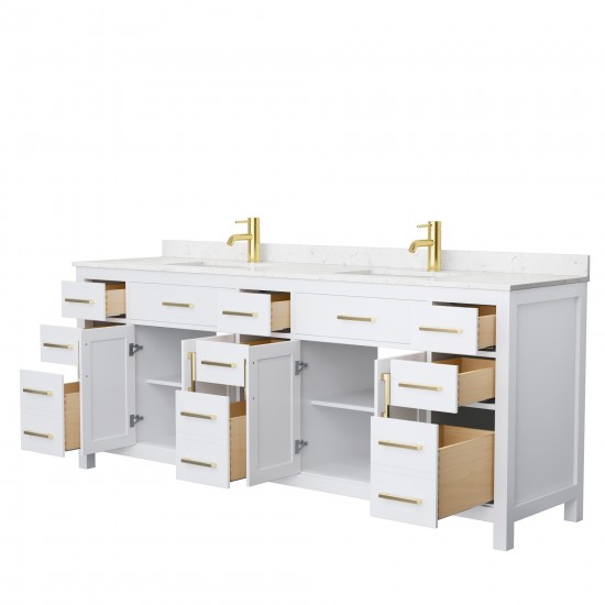 84 Inch Double Bathroom Vanity in White, Carrara Cultured Marble Countertop, Sinks, Gold Trim