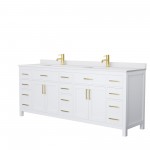 84 Inch Double Bathroom Vanity in White, White Cultured Marble Countertop, Sinks, Gold Trim