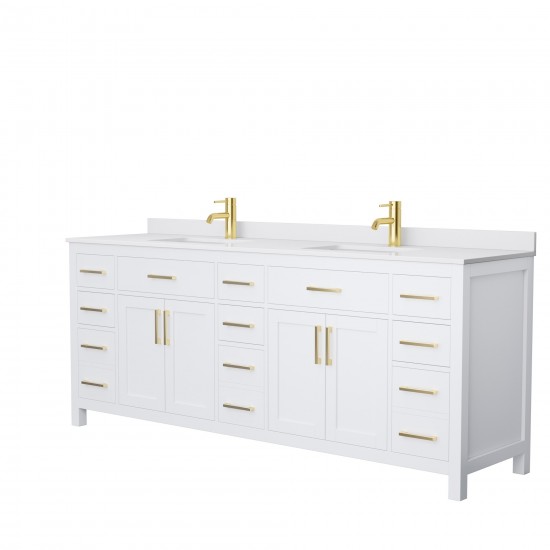 84 Inch Double Bathroom Vanity in White, White Cultured Marble Countertop, Sinks, Gold Trim