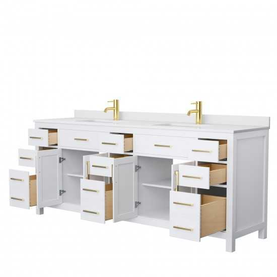 84 Inch Double Bathroom Vanity in White, White Cultured Marble Countertop, Sinks, Gold Trim