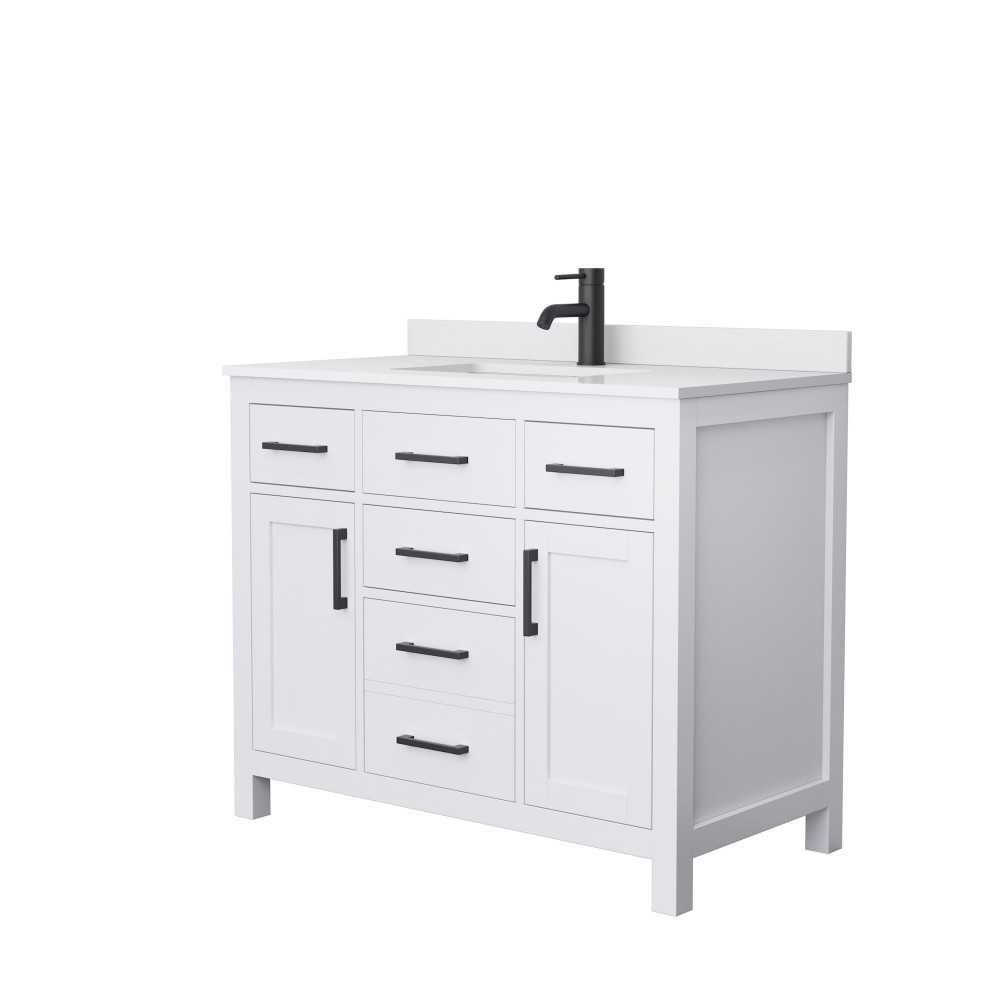 42 Inch Single Bathroom Vanity in White, White Cultured Marble Countertop, Sink, Black Trim