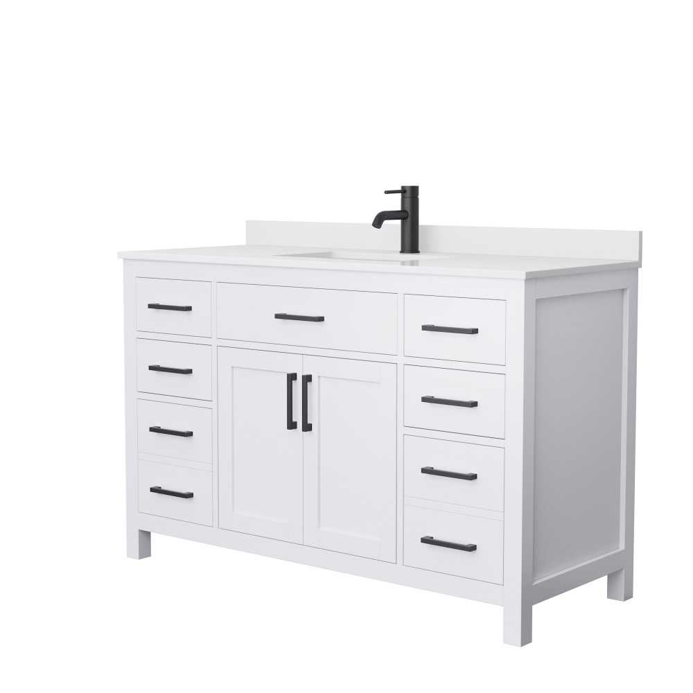 54 Inch Single Bathroom Vanity in White, White Cultured Marble Countertop, Sink, Black Trim