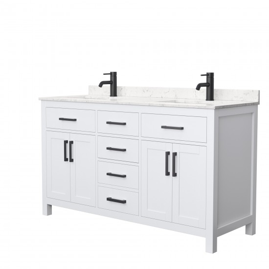 60 Inch Double Bathroom Vanity in White, Carrara Cultured Marble Countertop, Sinks, Black Trim