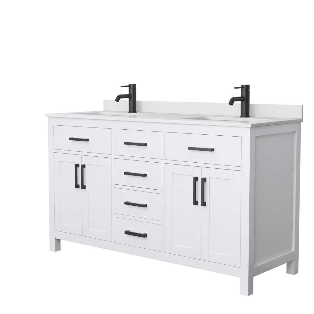 60 Inch Double Bathroom Vanity in White, White Cultured Marble Countertop, Sinks, Black Trim