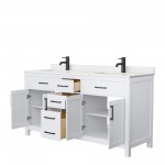 66 Inch Double Bathroom Vanity in White, Carrara Cultured Marble Countertop, Sinks, Black Trim