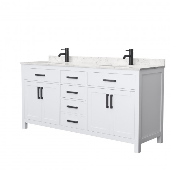 72 Inch Double Bathroom Vanity in White, Carrara Cultured Marble Countertop, Sinks, Black Trim