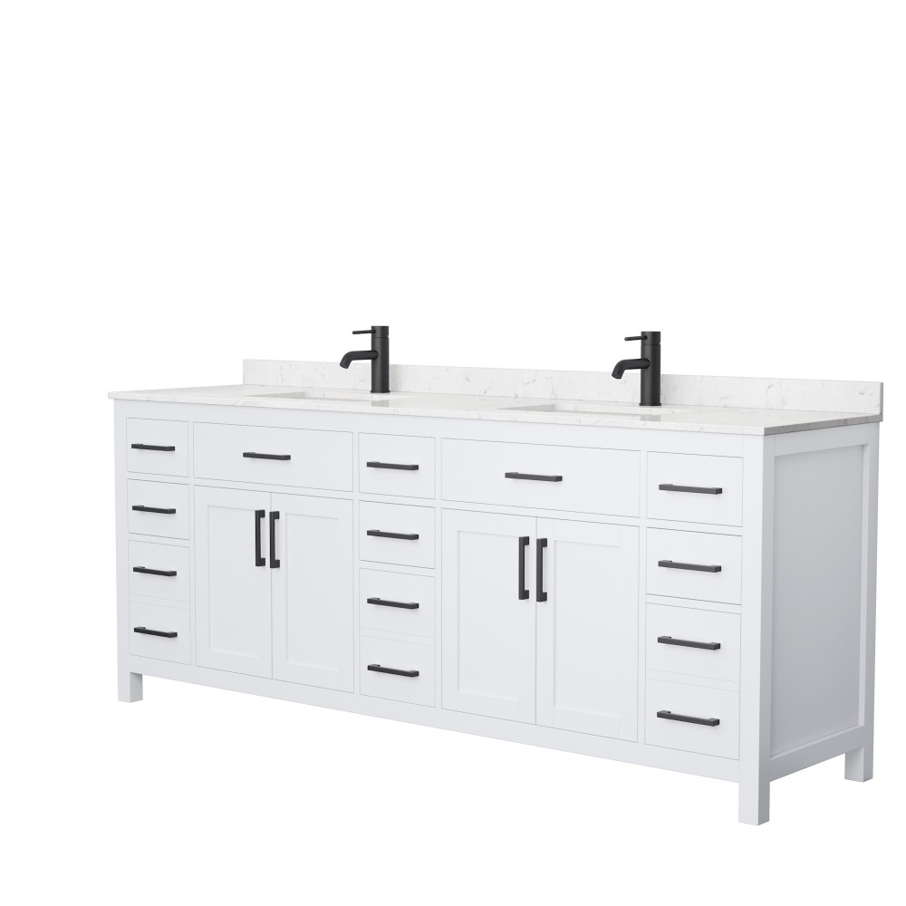 84 Inch Double Bathroom Vanity in White, Carrara Cultured Marble Countertop, Sinks, Black Trim