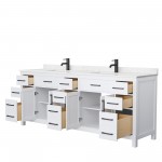 84 Inch Double Bathroom Vanity in White, Carrara Cultured Marble Countertop, Sinks, Black Trim