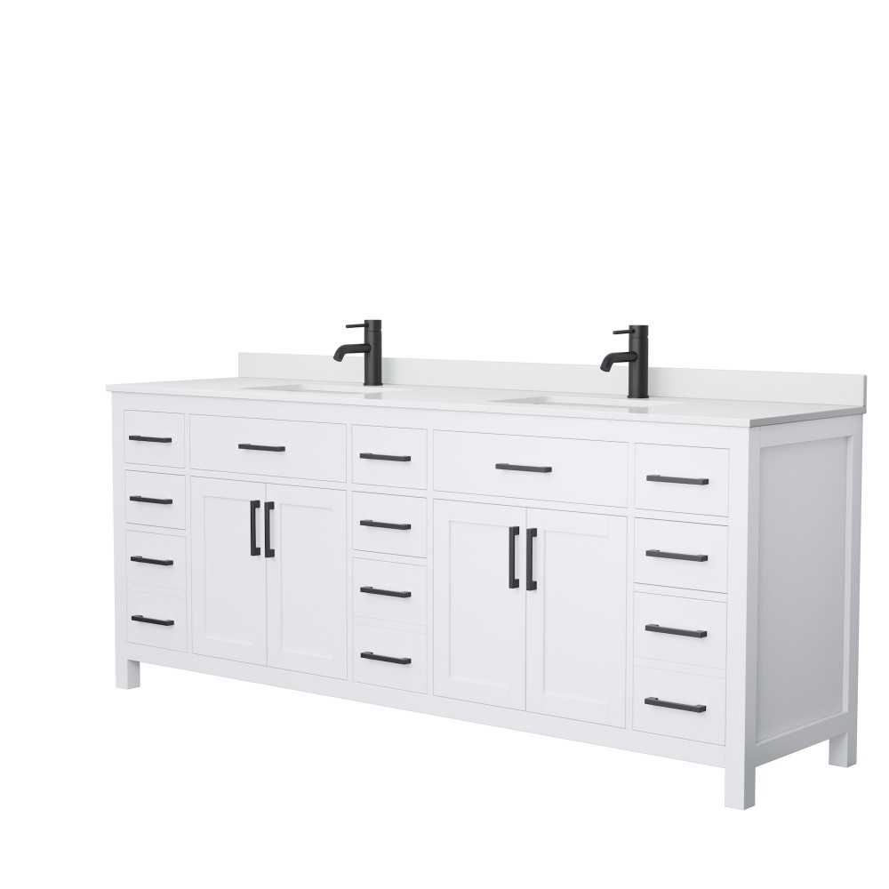 84 Inch Double Bathroom Vanity in White, White Cultured Marble Countertop, Sinks, Black Trim