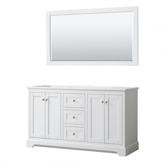 60 Inch Double Bathroom Vanity in White, No Countertop, No Sinks, 58 Inch Mirror, Gold Trim