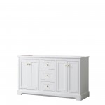 60 Inch Double Bathroom Vanity in White, No Countertop, No Sinks, Gold Trim