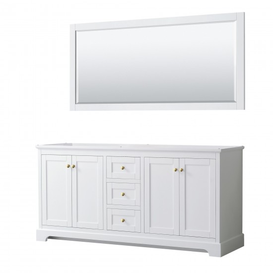 72 Inch Double Bathroom Vanity in White, No Countertop, No Sinks, 70 Inch Mirror, Gold Trim