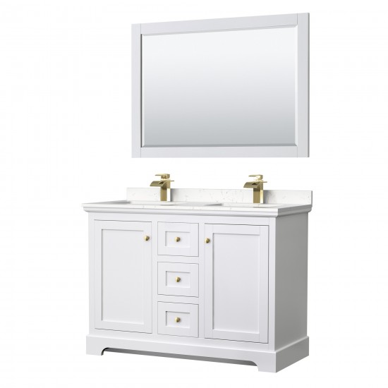 48 Inch Double Bathroom Vanity in White, Light-Vein Carrara Cultured Marble Countertop, Sinks, 46 Inch Mirror, Gold Trim