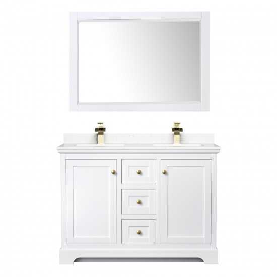 48 Inch Double Bathroom Vanity in White, Light-Vein Carrara Cultured Marble Countertop, Sinks, 46 Inch Mirror, Gold Trim