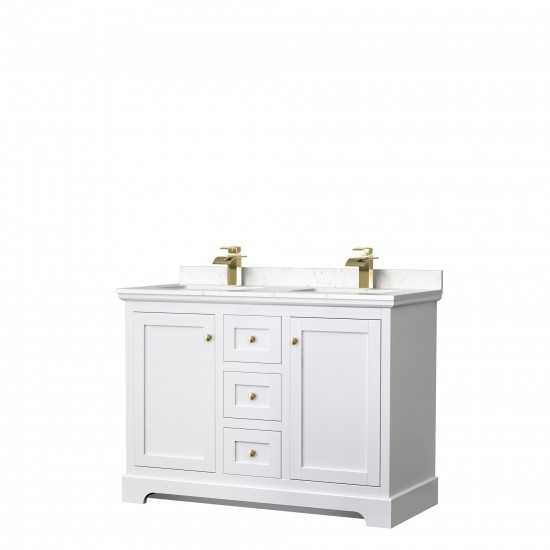 48 Inch Double Bathroom Vanity in White, Light-Vein Carrara Cultured Marble Countertop, Sinks, Gold Trim