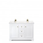 48 Inch Double Bathroom Vanity in White, Light-Vein Carrara Cultured Marble Countertop, Sinks, Gold Trim