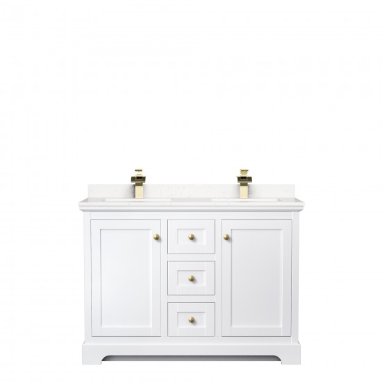 48 Inch Double Bathroom Vanity in White, Light-Vein Carrara Cultured Marble Countertop, Sinks, Gold Trim