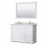 48 Inch Double Bathroom Vanity in White, White Carrara Marble Countertop, Oval Sinks, 46 Inch Mirror, Gold Trim