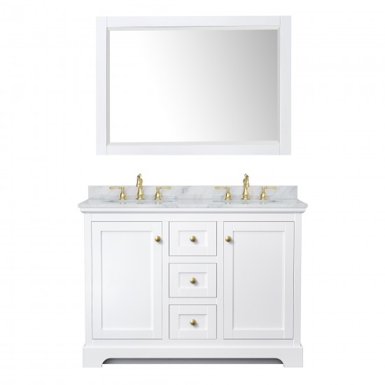 48 Inch Double Bathroom Vanity in White, White Carrara Marble Countertop, Oval Sinks, 46 Inch Mirror, Gold Trim