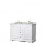 48 Inch Double Bathroom Vanity in White, White Carrara Marble Countertop, Oval Sinks, Gold Trim