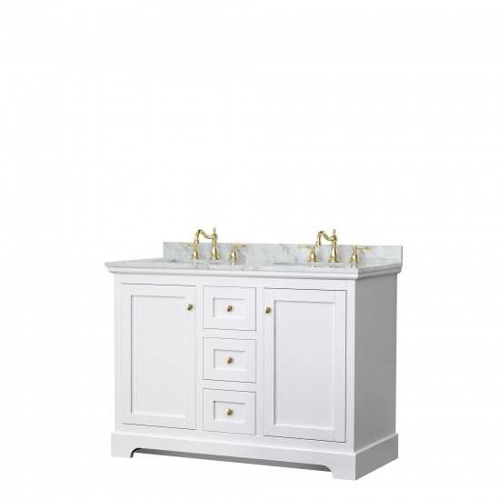 48 Inch Double Bathroom Vanity in White, White Carrara Marble Countertop, Oval Sinks, Gold Trim