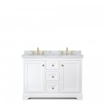 48 Inch Double Bathroom Vanity in White, White Carrara Marble Countertop, Oval Sinks, Gold Trim