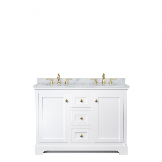 48 Inch Double Bathroom Vanity in White, White Carrara Marble Countertop, Oval Sinks, Gold Trim