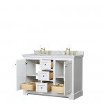 48 Inch Double Bathroom Vanity in White, White Carrara Marble Countertop, Oval Sinks, Gold Trim