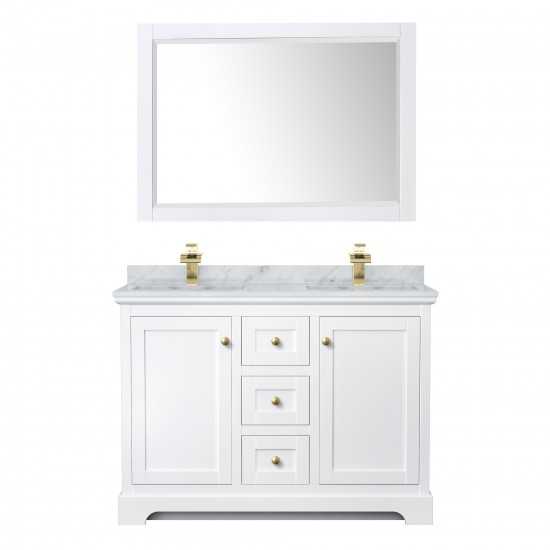 48 Inch Double Bathroom Vanity in White, White Carrara Marble Countertop, Sinks, 46 Inch Mirror, Gold Trim