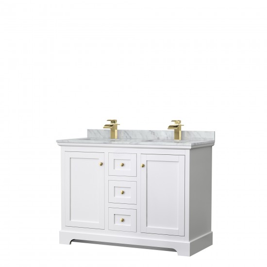 48 Inch Double Bathroom Vanity in White, White Carrara Marble Countertop, Sinks, Gold Trim