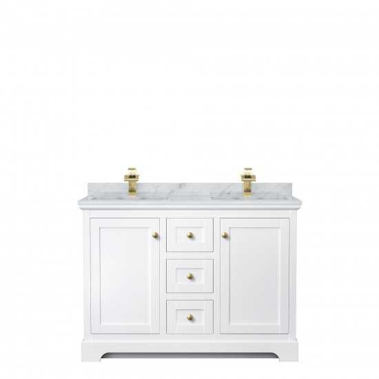 48 Inch Double Bathroom Vanity in White, White Carrara Marble Countertop, Sinks, Gold Trim