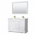 48 Inch Double Bathroom Vanity in White, White Cultured Marble Countertop, Sinks, 46 Inch Mirror, Gold Trim