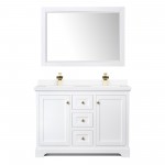 48 Inch Double Bathroom Vanity in White, White Cultured Marble Countertop, Sinks, 46 Inch Mirror, Gold Trim