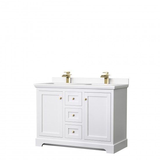 48 Inch Double Bathroom Vanity in White, White Cultured Marble Countertop, Sinks, Gold Trim