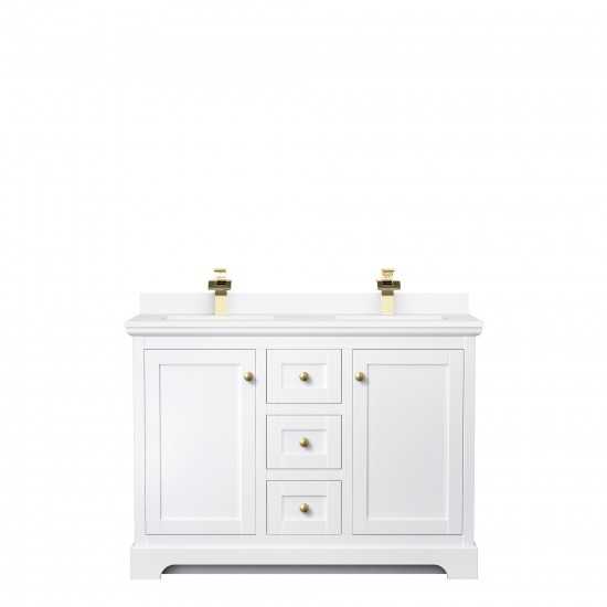 48 Inch Double Bathroom Vanity in White, White Cultured Marble Countertop, Sinks, Gold Trim