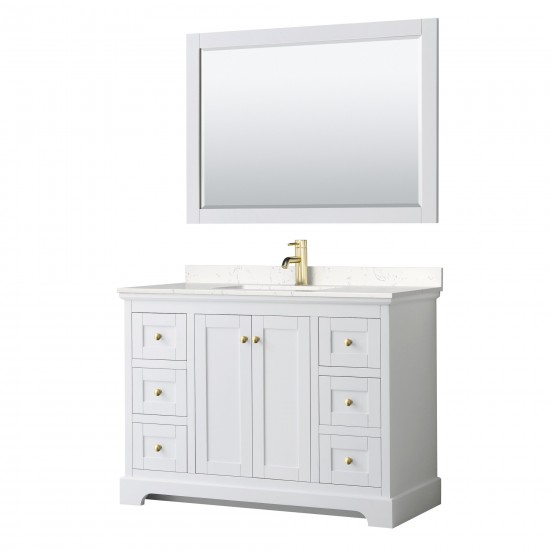 48 Inch Single Bathroom Vanity in White, Light-Vein Carrara Cultured Marble Countertop, Sink, 46 Inch Mirror, Gold Trim