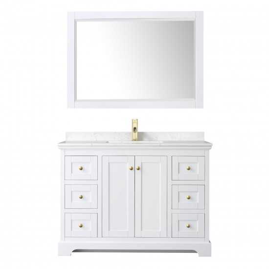 48 Inch Single Bathroom Vanity in White, Light-Vein Carrara Cultured Marble Countertop, Sink, 46 Inch Mirror, Gold Trim