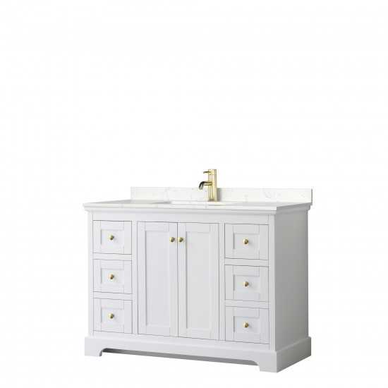 48 Inch Single Bathroom Vanity in White, Light-Vein Carrara Cultured Marble Countertop, Sink, Gold Trim