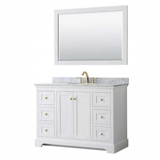 48 Inch Single Bathroom Vanity in White, White Carrara Marble Countertop, Oval Sink, 46 Inch Mirror, Gold Trim