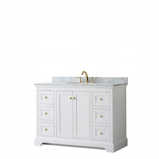 48 Inch Single Bathroom Vanity in White, White Carrara Marble Countertop, Oval Sink, Gold Trim