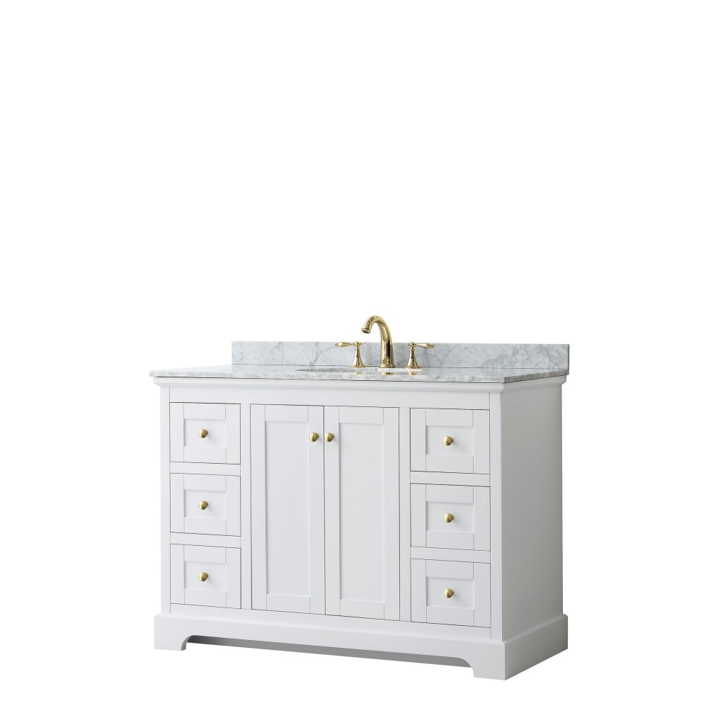 48 Inch Single Bathroom Vanity in White, White Carrara Marble Countertop, Oval Sink, Gold Trim