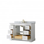 48 Inch Single Bathroom Vanity in White, White Carrara Marble Countertop, Oval Sink, Gold Trim