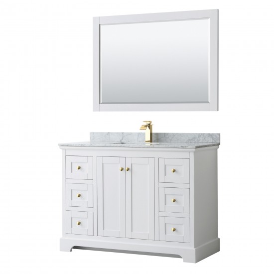 48 Inch Single Bathroom Vanity in White, White Carrara Marble Countertop, Sink, 46 Inch Mirror, Gold Trim