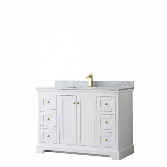 48 Inch Single Bathroom Vanity in White, White Carrara Marble Countertop, Sink, Gold Trim