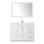 48 Inch Single Bathroom Vanity in White, White Cultured Marble Countertop, Sink, 46 Inch Mirror, Gold Trim