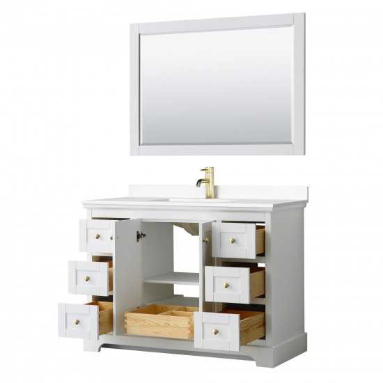 48 Inch Single Bathroom Vanity in White, White Cultured Marble Countertop, Sink, 46 Inch Mirror, Gold Trim