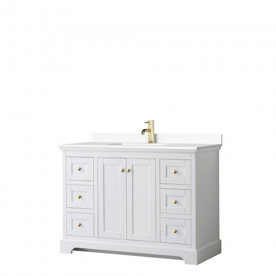 48 Inch Single Bathroom Vanity in White, White Cultured Marble Countertop, Sink, Gold Trim