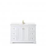 48 Inch Single Bathroom Vanity in White, White Cultured Marble Countertop, Sink, Gold Trim