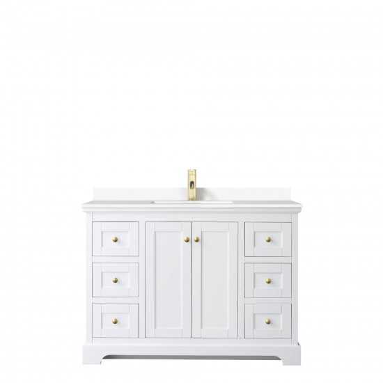 48 Inch Single Bathroom Vanity in White, White Cultured Marble Countertop, Sink, Gold Trim